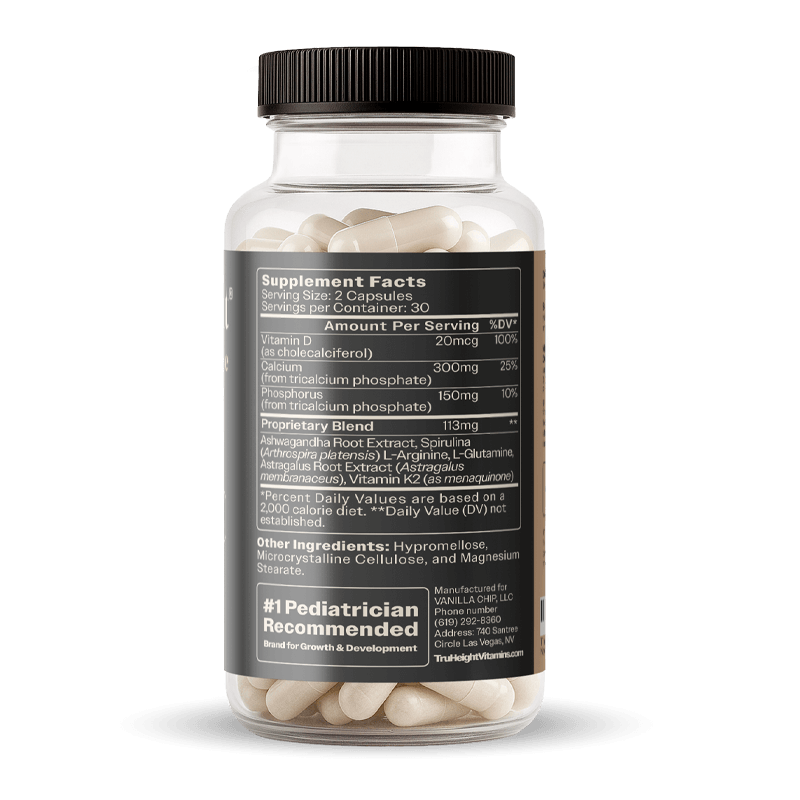 A clear plastic TruHeight Vitamins bottle contains numerous off-white capsules, displaying a black label with Supplement Facts, a proprietary blend featuring Ashwagandha and Spirulina, and a #1 Pediatrician Recommended badge