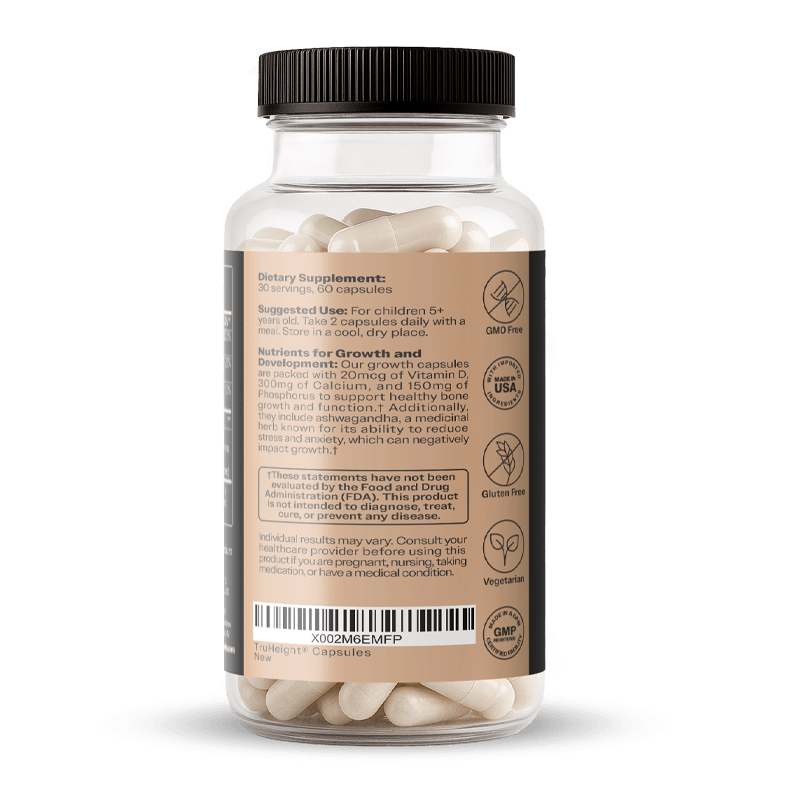 Product photo of TruHeight Capsules dietary supplement in a clear bottle with a black lid, showcasing a light brown label detailing 30 servings of 60 off-white capsules, "Made in USA", "GMO Free", and "Gluten Free" certifications, plus nutritional information for growth and development