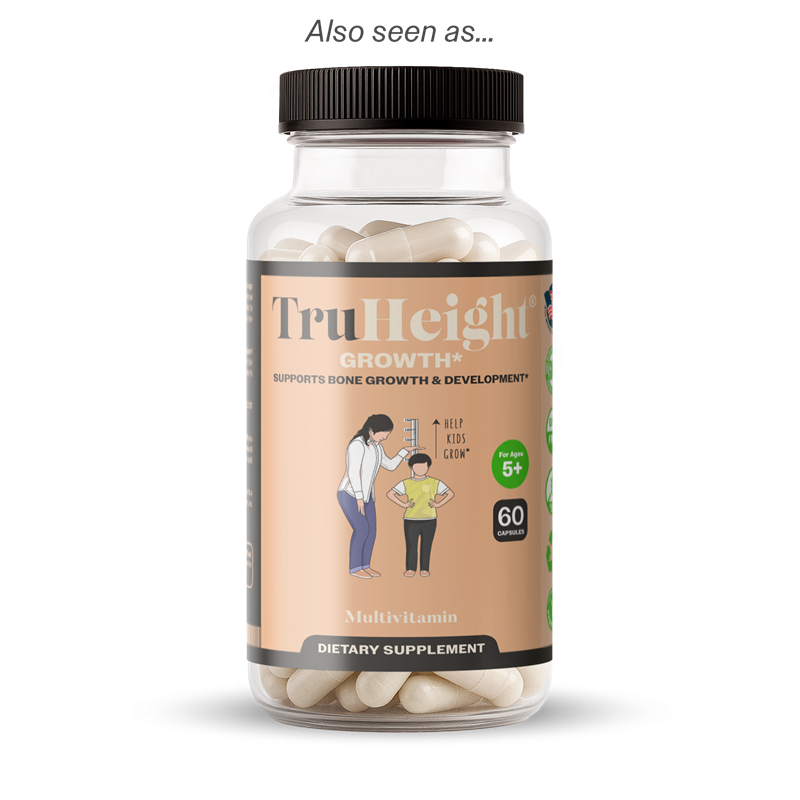 Product photograph of a TruHeight Growth multivitamin supplement bottle with a brown label featuring an illustration of a parent measuring a child's height for "Helps Kids Grow" and a green "For Ages 5+" badge, showcasing cream-colored capsules inside