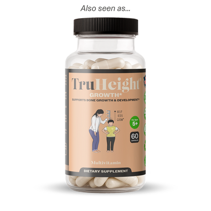 Product photograph of a TruHeight Growth multivitamin supplement bottle with a brown label featuring an illustration of a parent measuring a child's height for "Helps Kids Grow" and a green "For Ages 5+" badge, showcasing cream-colored capsules inside