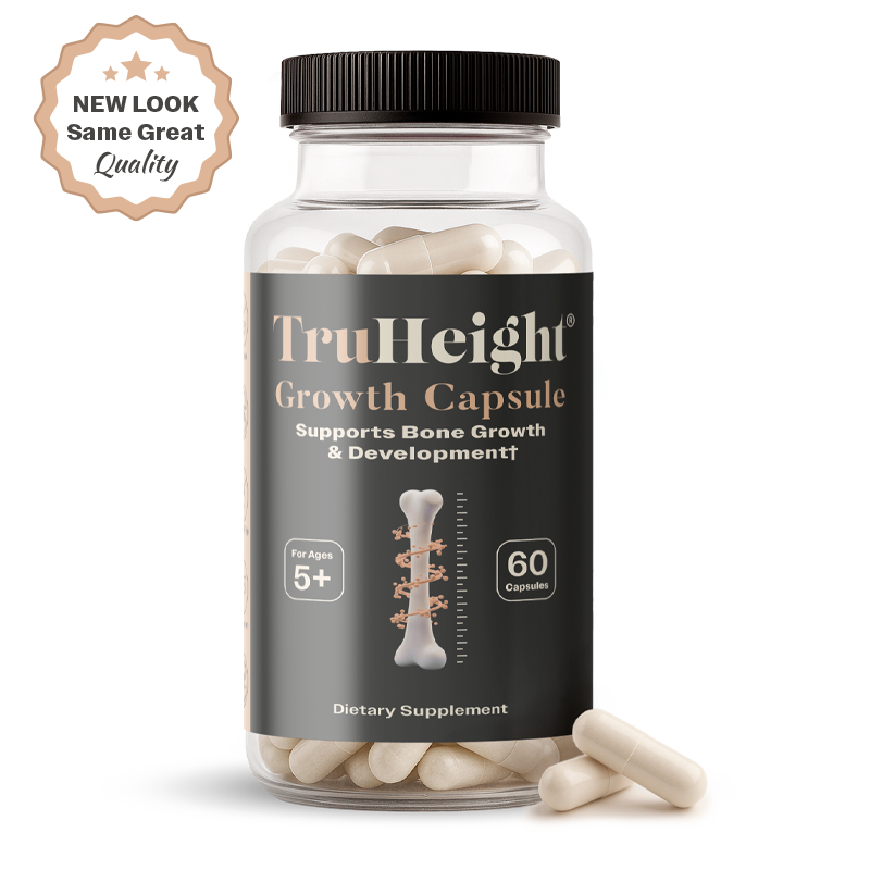 TruHeight Growth Capsule dietary supplement bottle on a white background, featuring a black label with an illustration of a growing bone and "Supports Bone Growth & Development", a "NEW LOOK Same Great Quality" badge, and several off-white capsules spilling from the jar