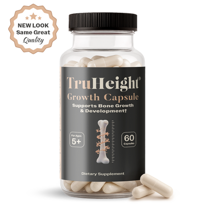 TruHeight Growth Capsule dietary supplement bottle on a white background, featuring a black label with an illustration of a growing bone and "Supports Bone Growth & Development", a "NEW LOOK Same Great Quality" badge, and several off-white capsules spilling from the jar