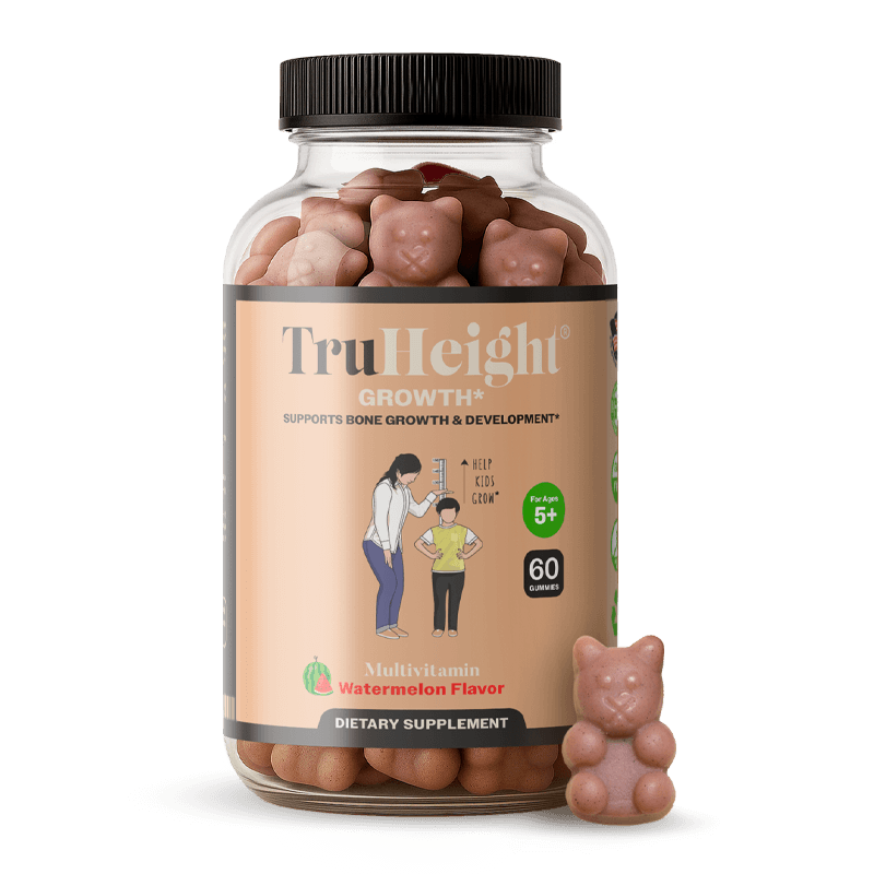 TruHeight® Growth Gummy supplement jar with bear-shaped gummies