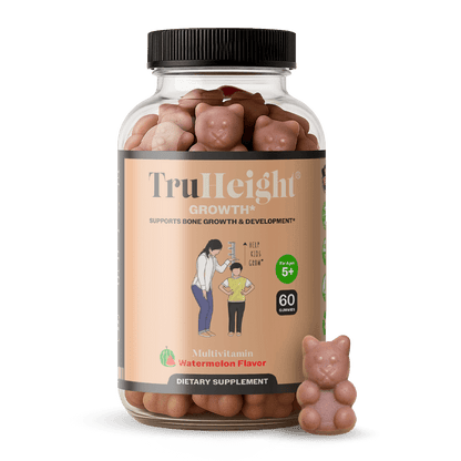 TruHeight® Growth Gummy supplement jar with bear-shaped gummies