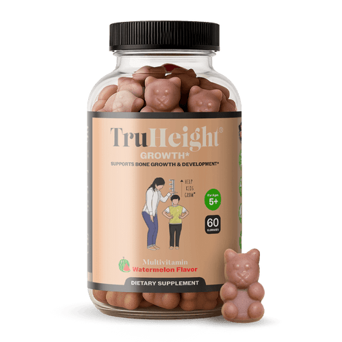 TruHeight® Growth Gummy supplement jar with bear-shaped gummies