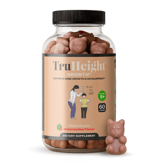 TruHeight® Growth Gummy supplement jar with bear-shaped gummies