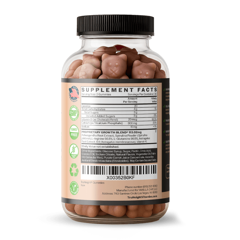 TruHeight® Growth Gummy supplement bottle, rear view showing supplement facts label