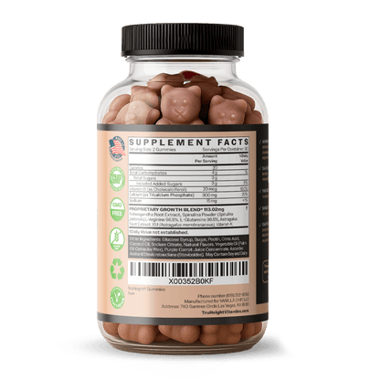 TruHeight® Growth Gummy supplement bottle, rear view showing supplement facts label