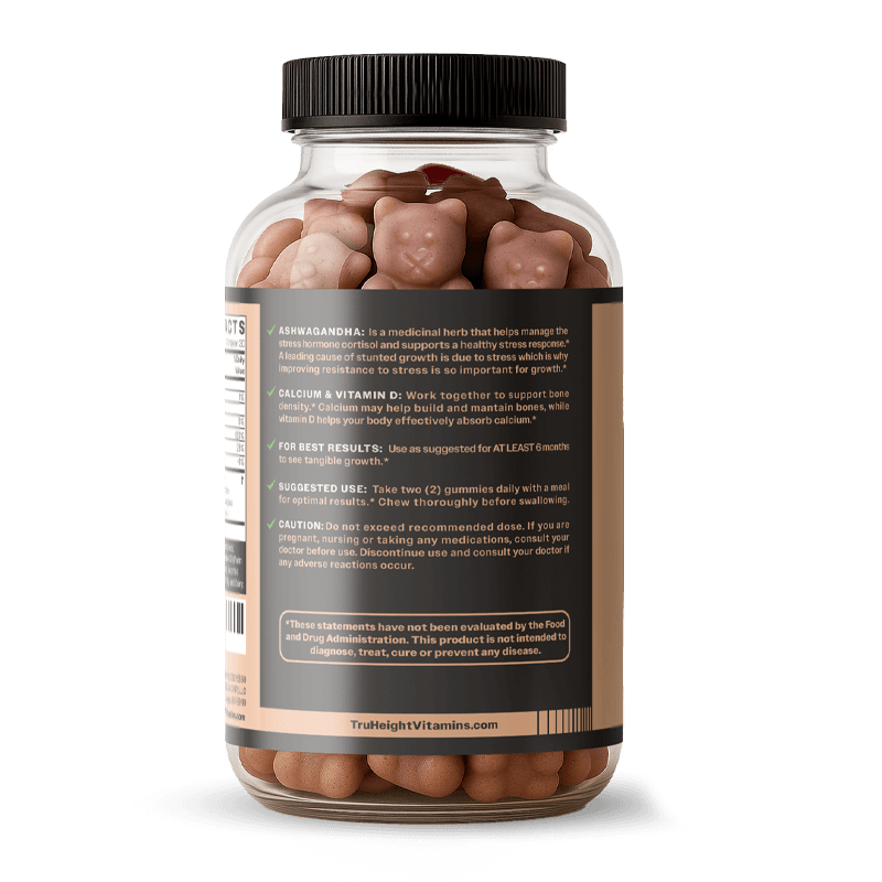 TruHeight® Growth Gummy supplement jar, back view showing supplement facts