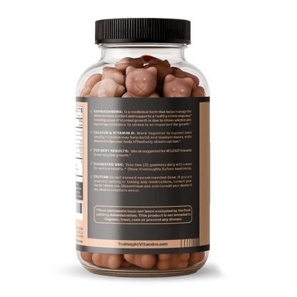 TruHeight® Growth Gummy supplement jar, back view showing supplement facts