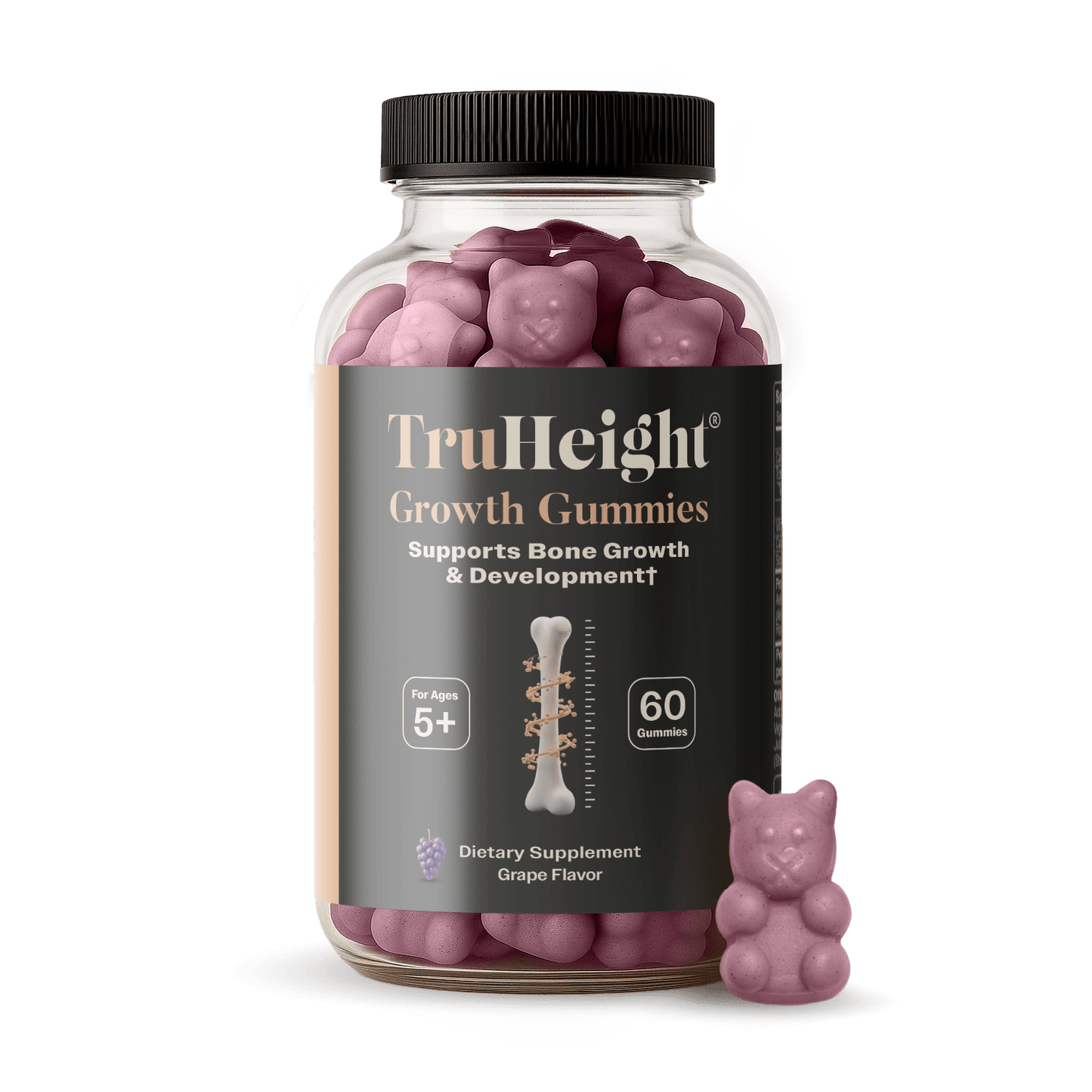 TruHeight® Growth Gummy supplement jar with bear-shaped gummies