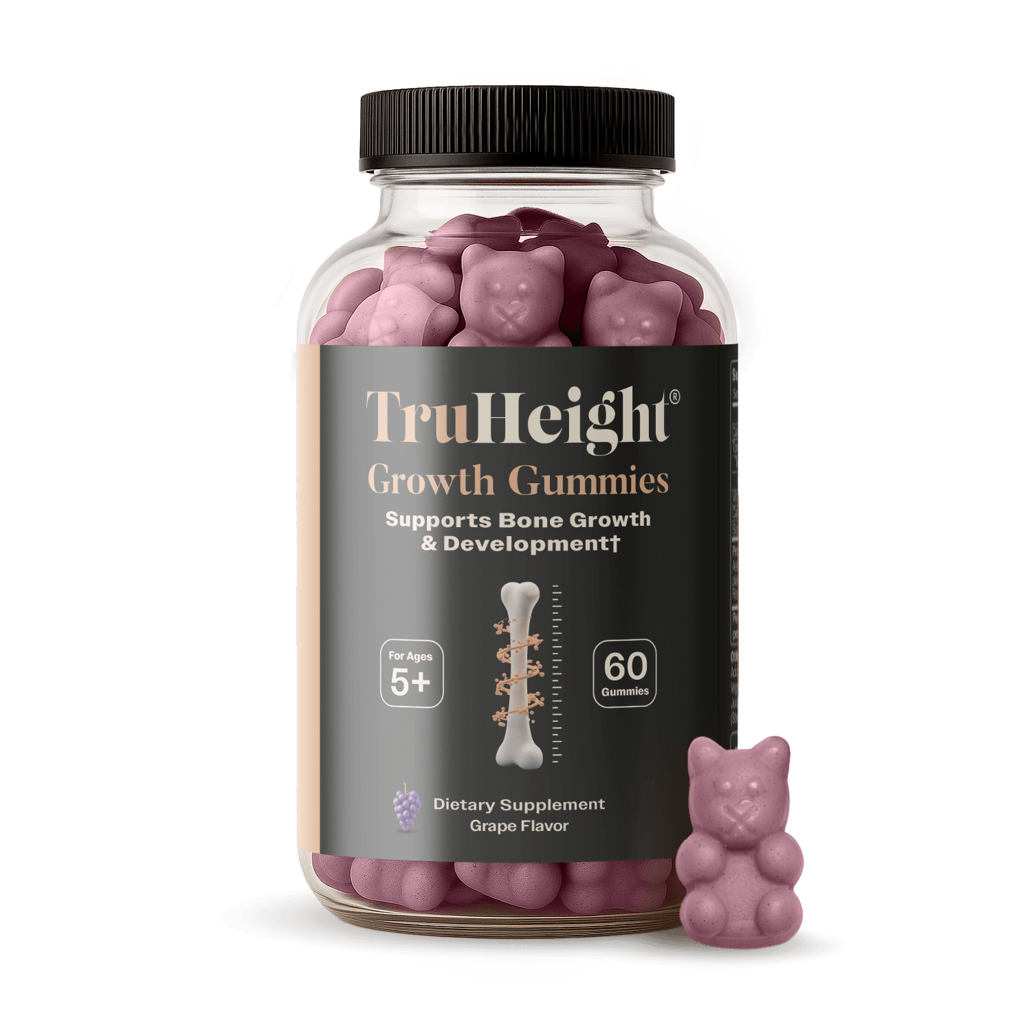 TruHeight® Growth Gummy supplement jar with bear-shaped gummies