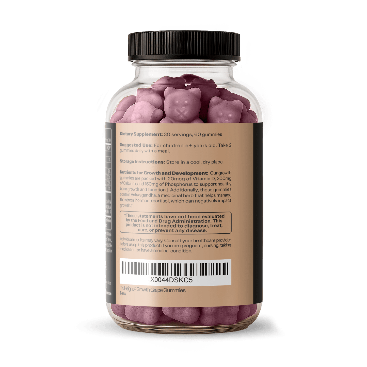 TruHeight® Growth Gummy jar, back view showing supplement facts