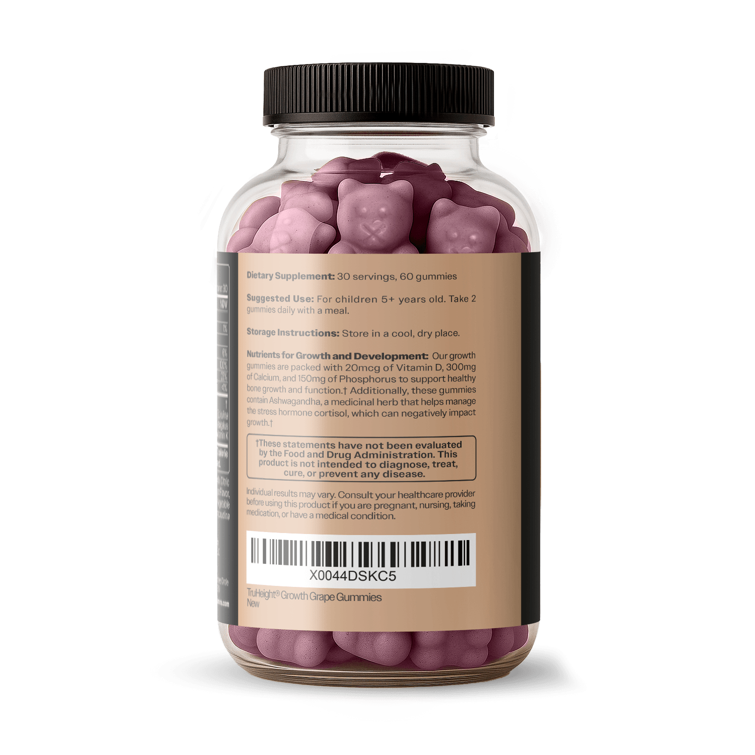 TruHeight® Growth Gummy jar, back view showing supplement facts