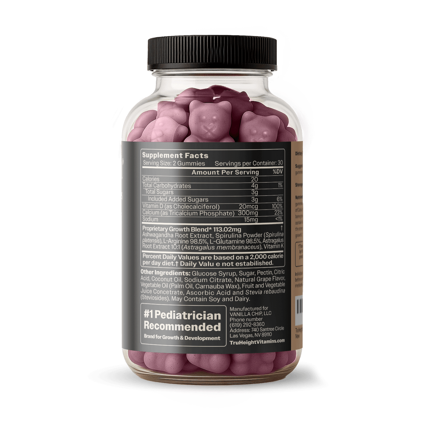 TruHeight® Growth Gummy jar, back view with supplement facts