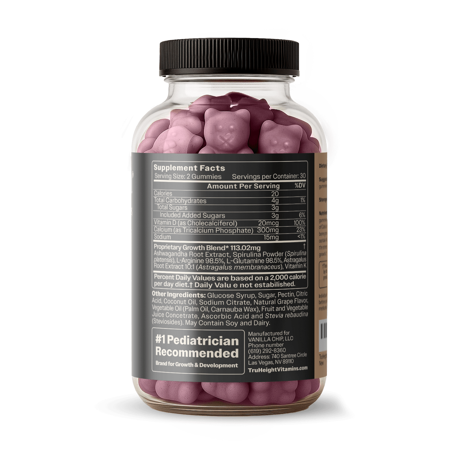 TruHeight® Growth Gummy jar, back view with supplement facts